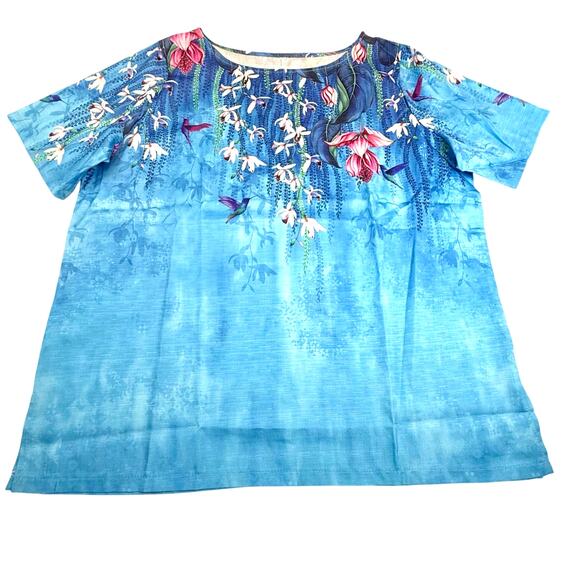 Amazon Tops - New In Bag Peacock Blue Floral Accent Short Sleeve Pop Over Top Lightweight